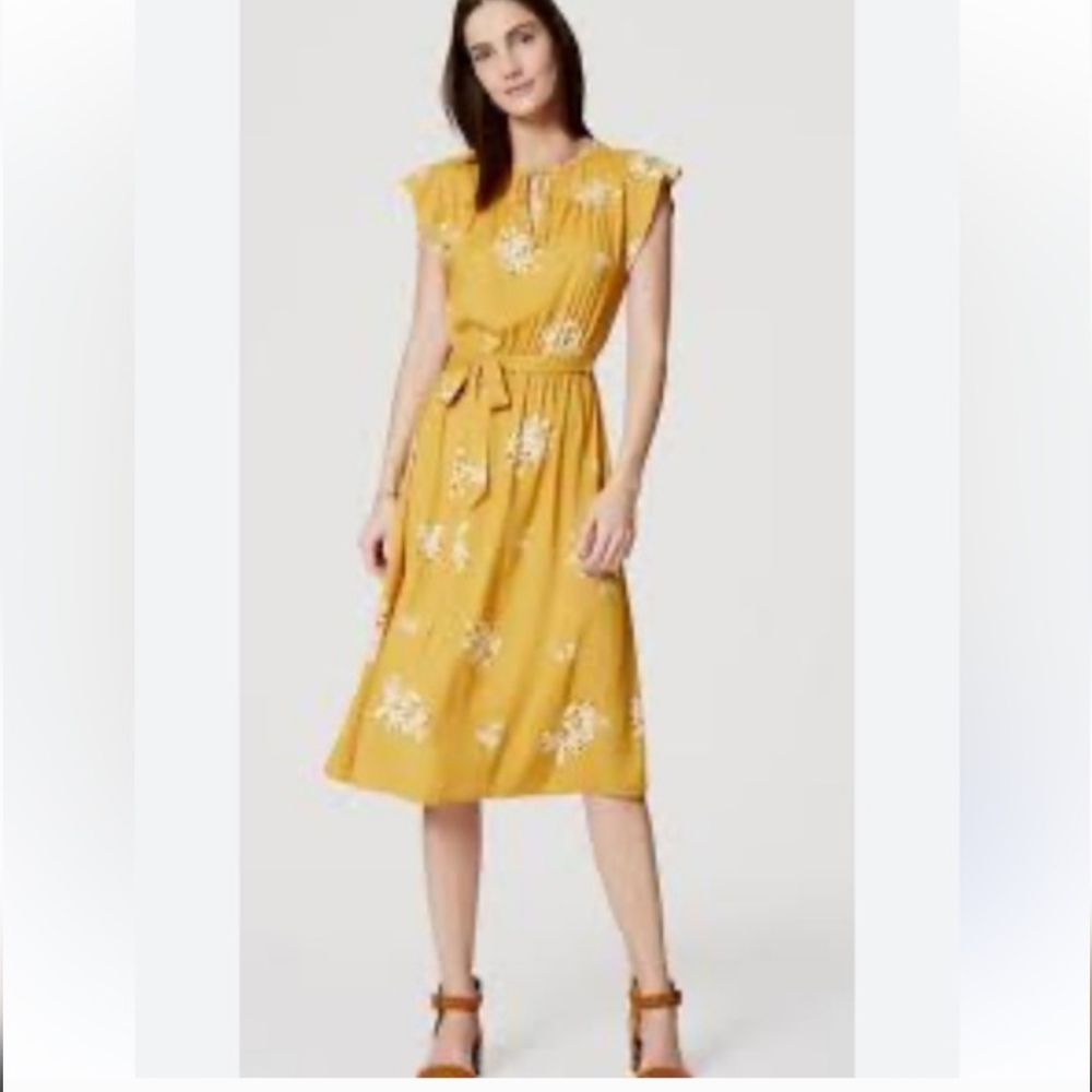 LOFT Mustard Dress with White Floral Pattern